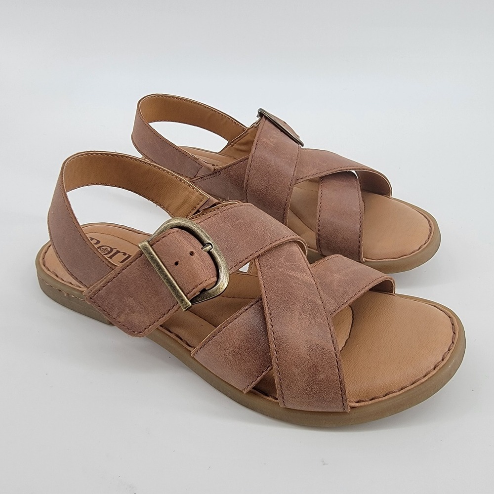 Born Beebe Sandal Women 7 Brown Leather Slingback Buckle Flat Sandals MSRP $120